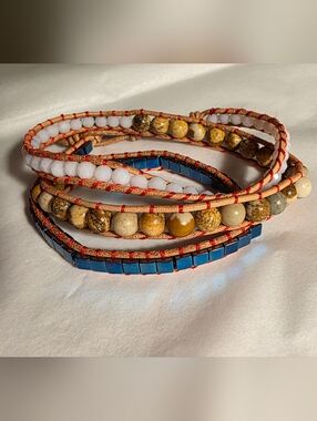 Victoria Emerson Blue, White, Tan Multi-Strand Wrap Bracelet